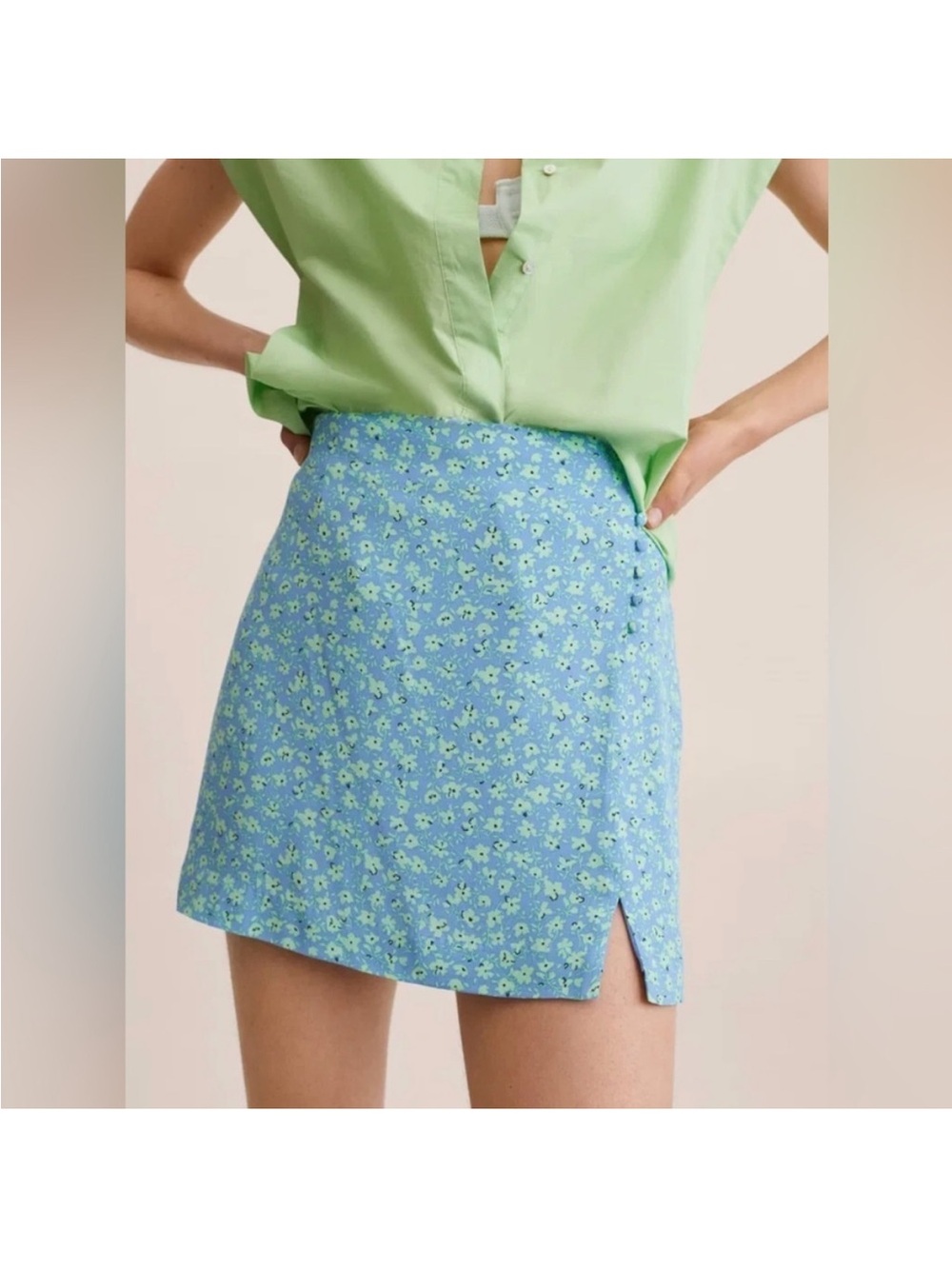 Mango Blue Mini Skirt with Green Floral Print and Side Slit